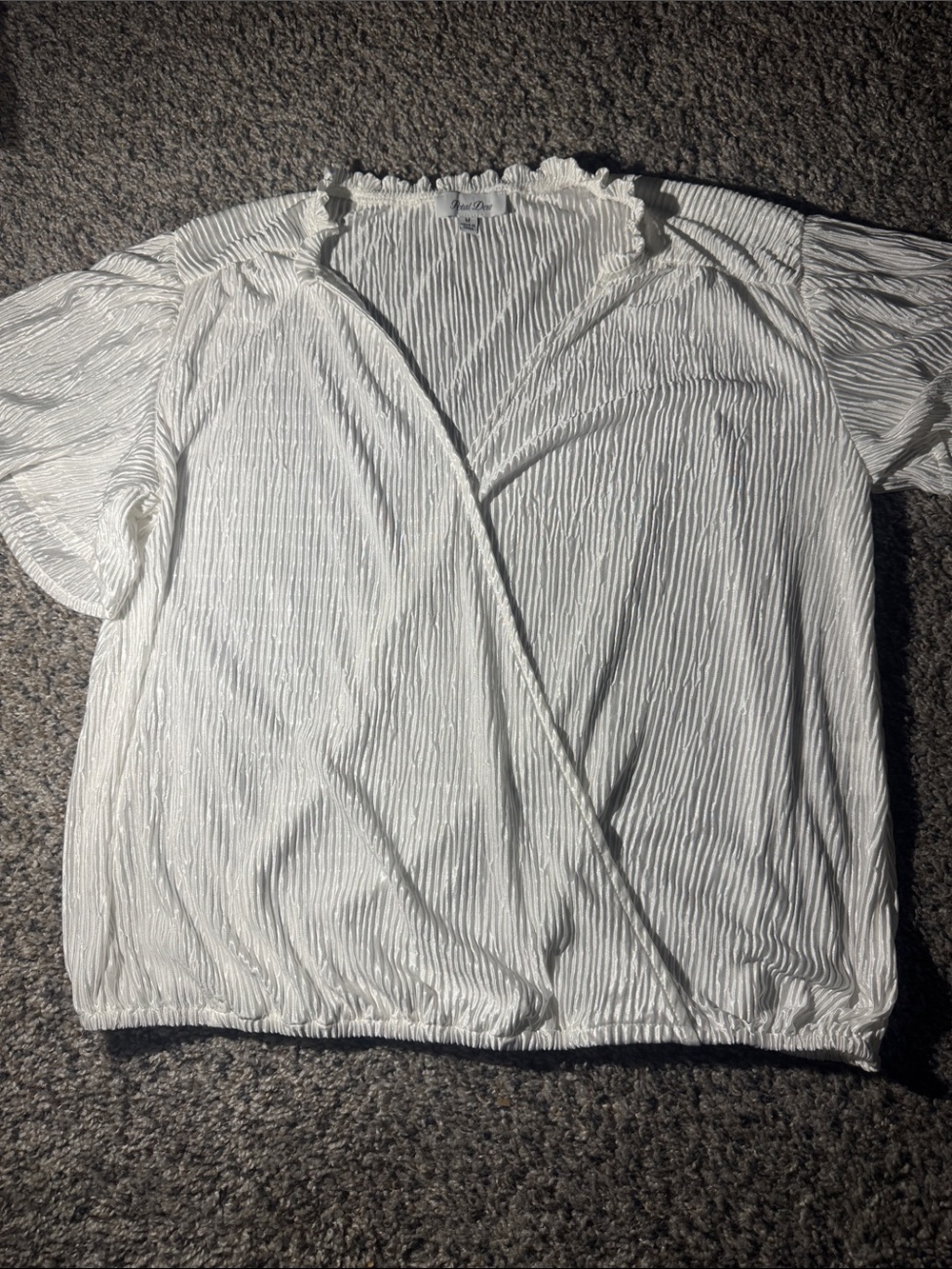 Textured White Wrap-Front Blouse with Ruffle Neck